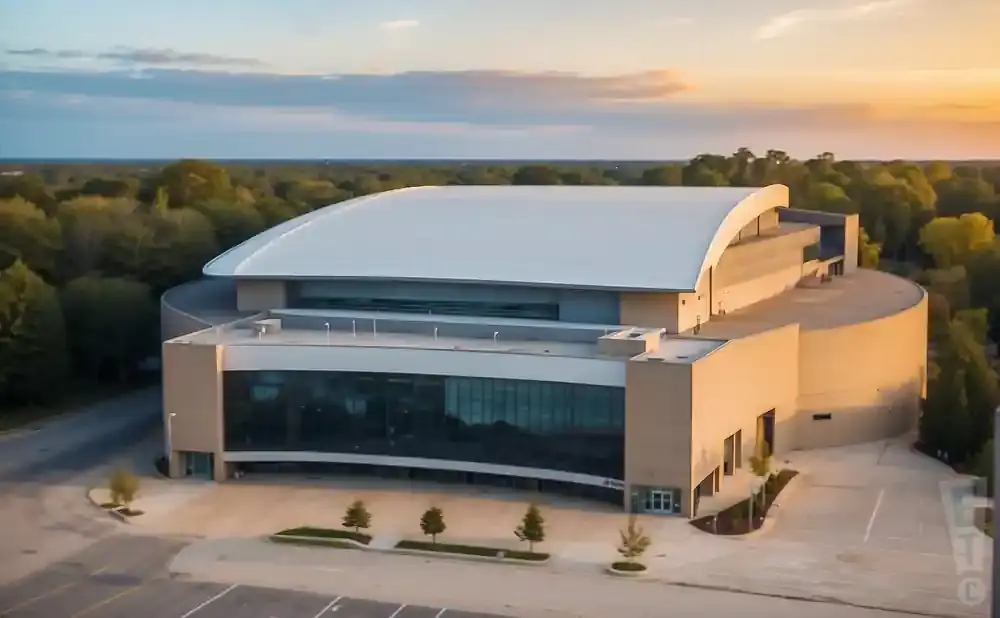 Aerial view of a modern, curved arena with a large white roof and glass facade, surrounded by trees.