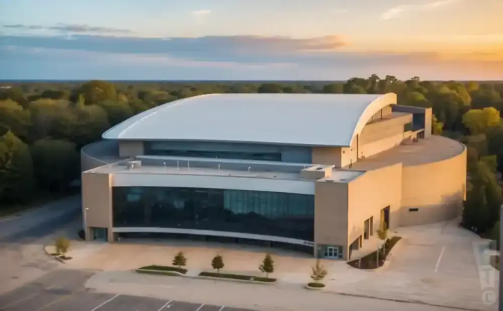 An aerial view of a modern, curved building with a white roof during sunset.