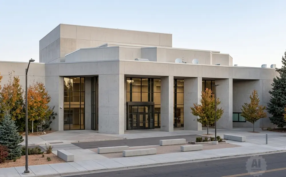 A modern concrete building with large glass windows and doors, surrounded by trees with autumn foliage.