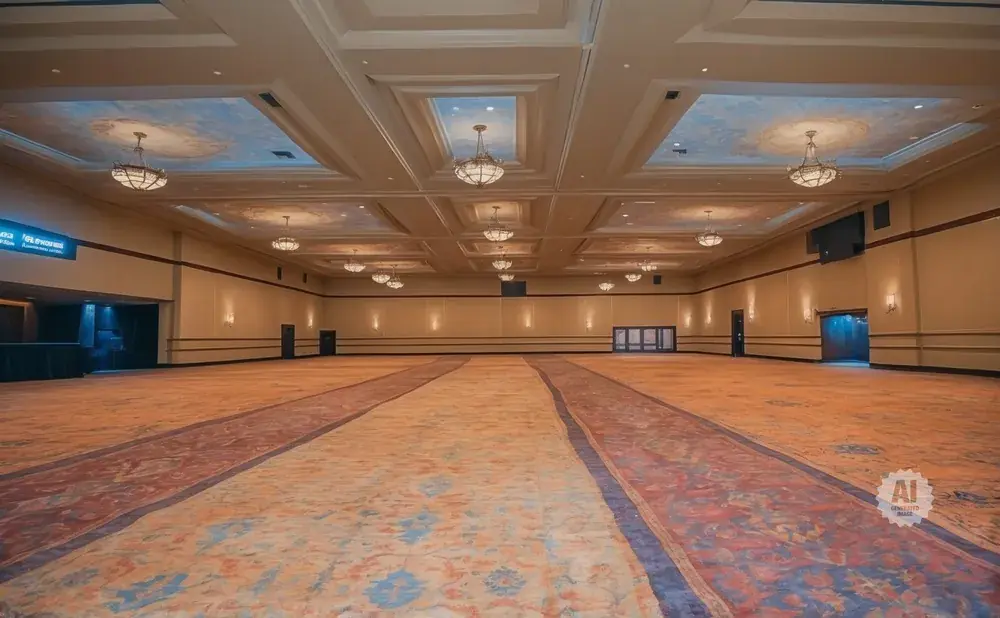 An empty, large ballroom with ornate carpeting and a coffered ceiling with chandeliers.