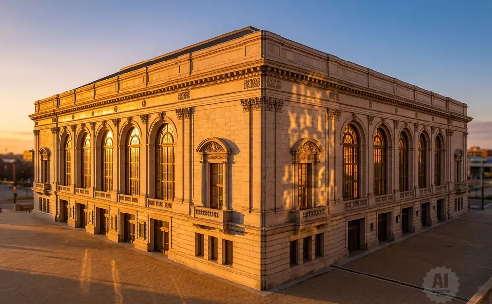 A grand, stone building with arched windows is bathed in the warm glow of sunset.