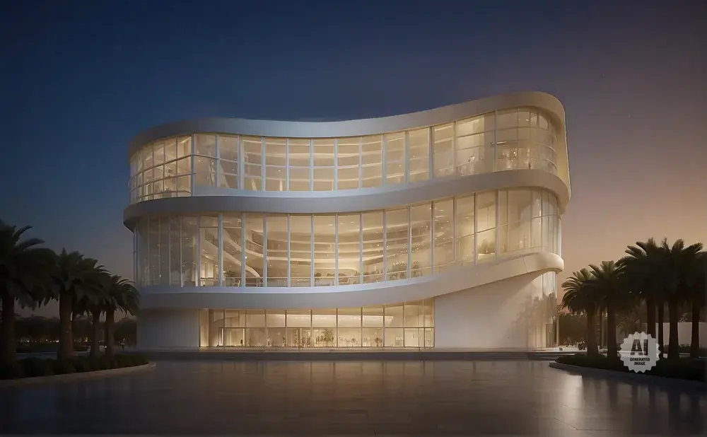 Modern curved building with glass facade and palm trees at dusk.