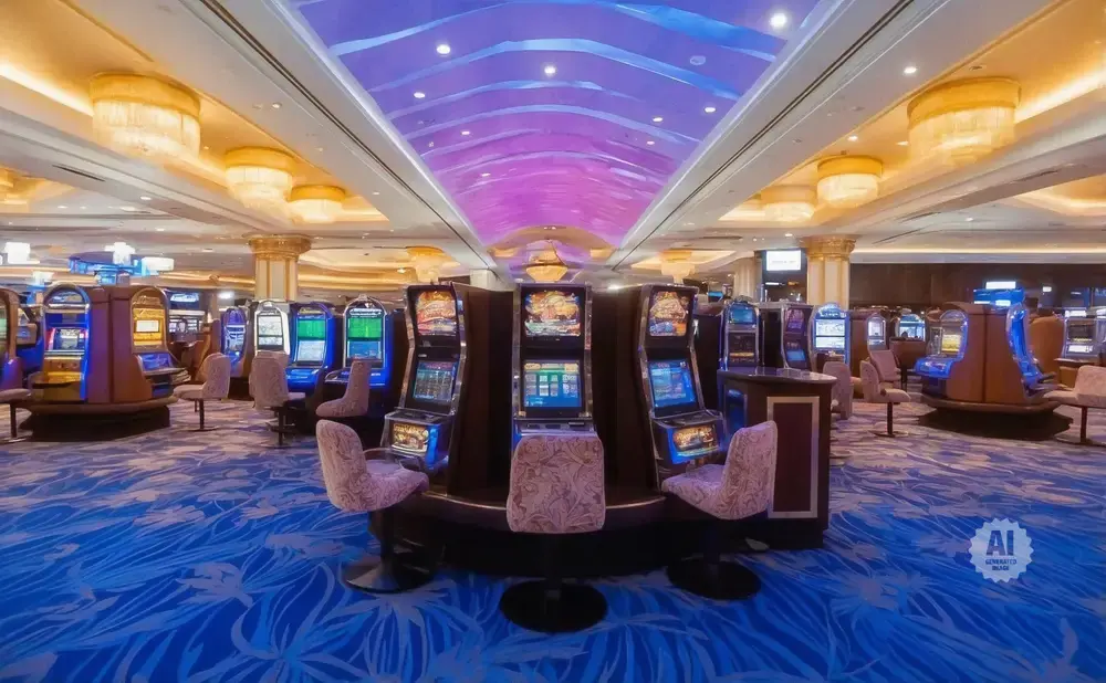 A casino floor with rows of slot machines and plush chairs under a colorful, illuminated ceiling.