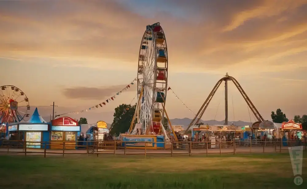 A Ferris wheel and roller coaster at a carnival during sunset.