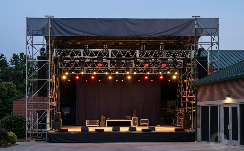 Outdoor stage with lights, speakers, and a dark curtain backdrop, with a brick building to the right.