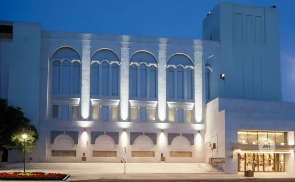 A large, illuminated building with arched windows at dusk.
