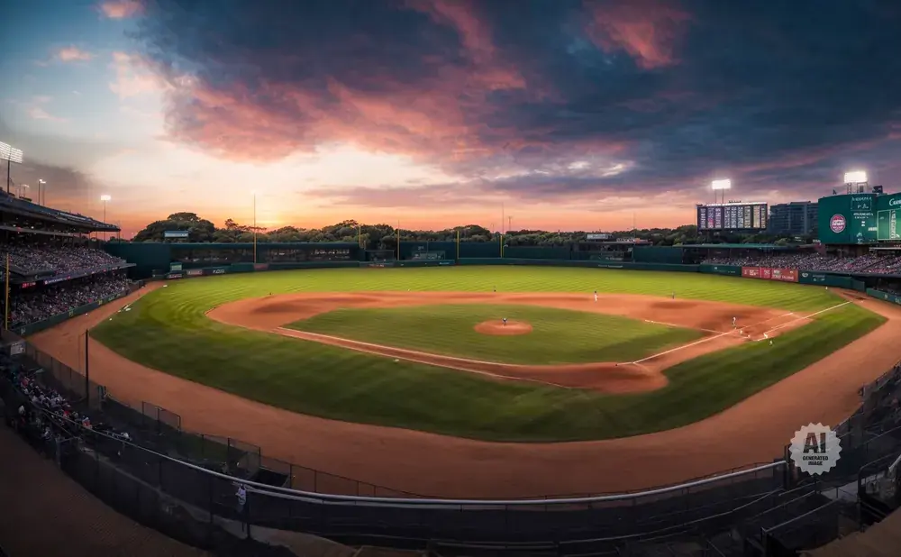 A baseball stadium at sunset, with players on the field and fans in the stands.