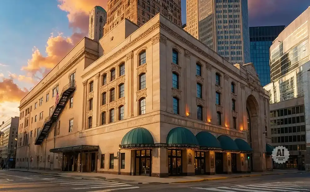 Exterior of a light-colored, ornate building with arched entrances and green awnings, against a sunset sky.