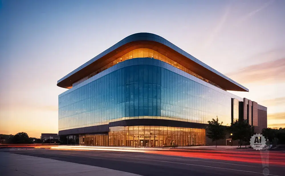 Modern glass building with rounded corner at sunset, car light trails on foreground road.