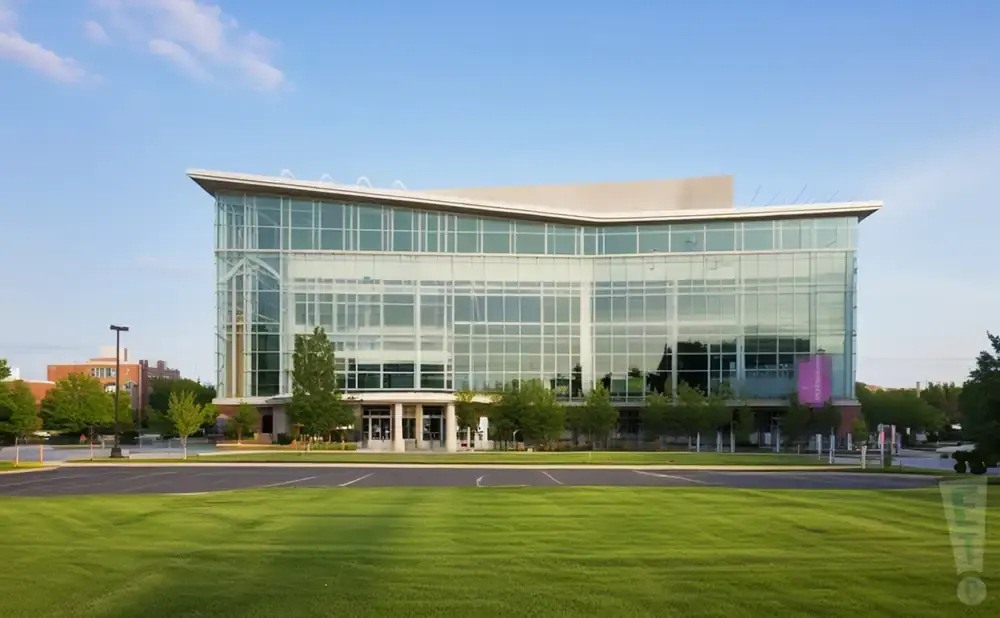 Modern glass building with a curved roof, surrounded by green grass and trees, under a blue sky.