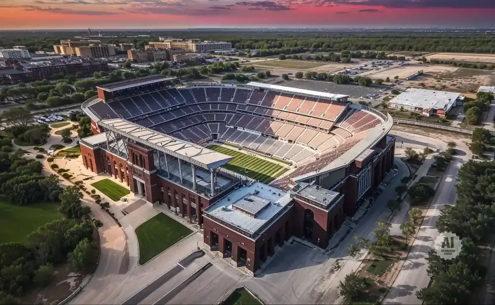 Aerial view of a large football stadium with brick facade and orange seats under a dramatic sunset sky.