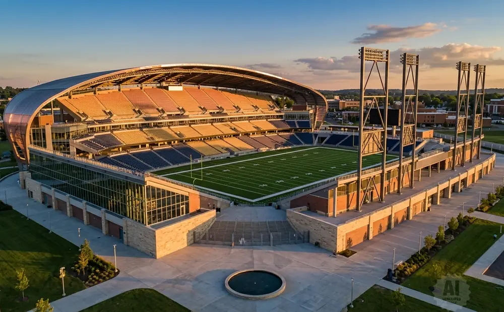 Aerial view of a modern football stadium with a large curved roof and colorful seating during a sunset.