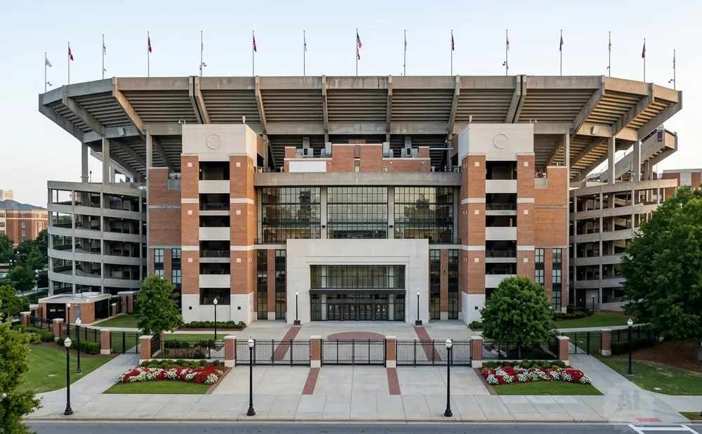 Exterior view of a large brick stadium with tiered seating and a central entrance.