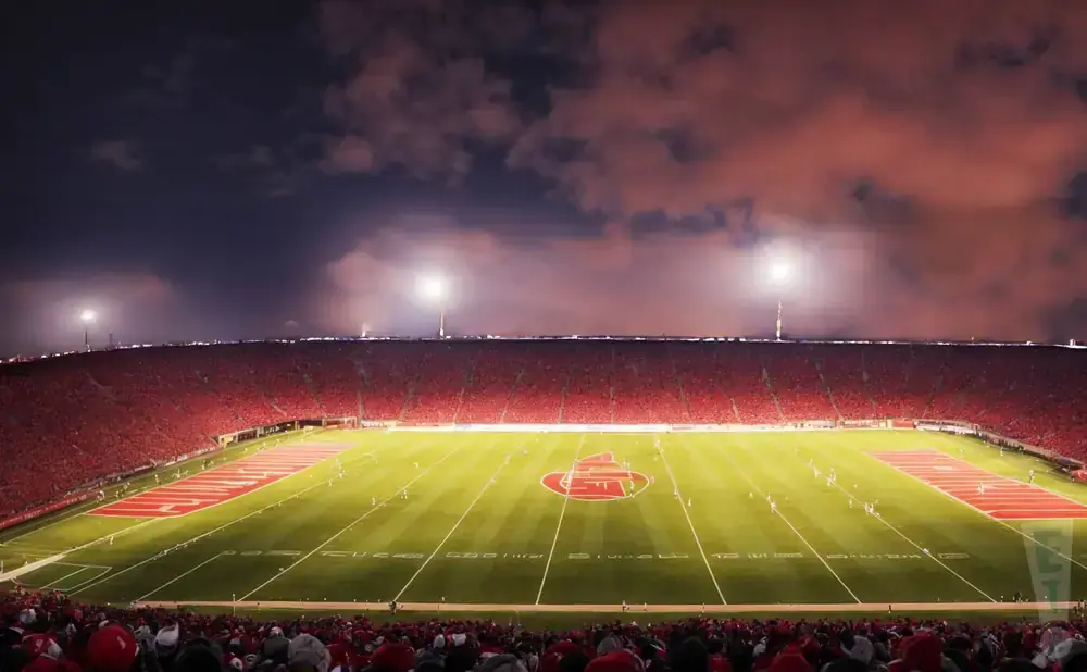 A wide shot of a football stadium at night, with red-clad fans filling the stands under bright stadium lights.