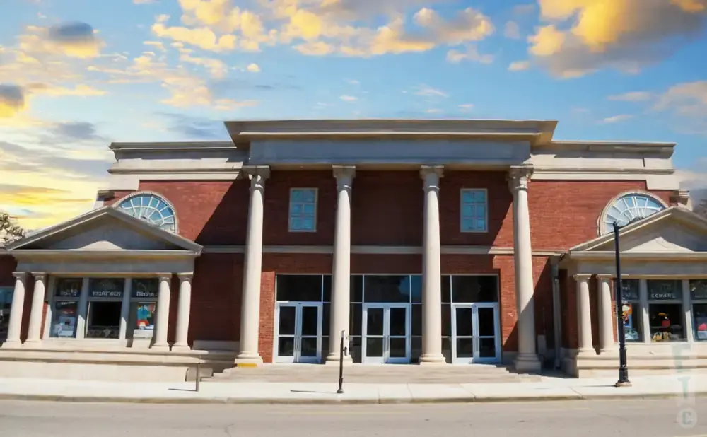Classical brick building with white columns and arched windows under a cloudy sky.