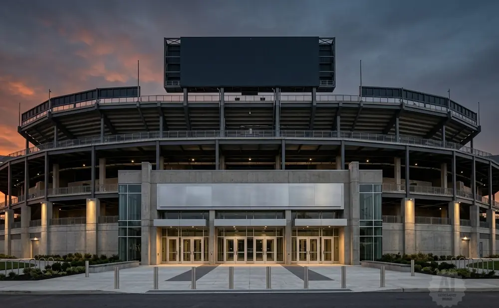 A large stadium at sunset with a cloudy sky.