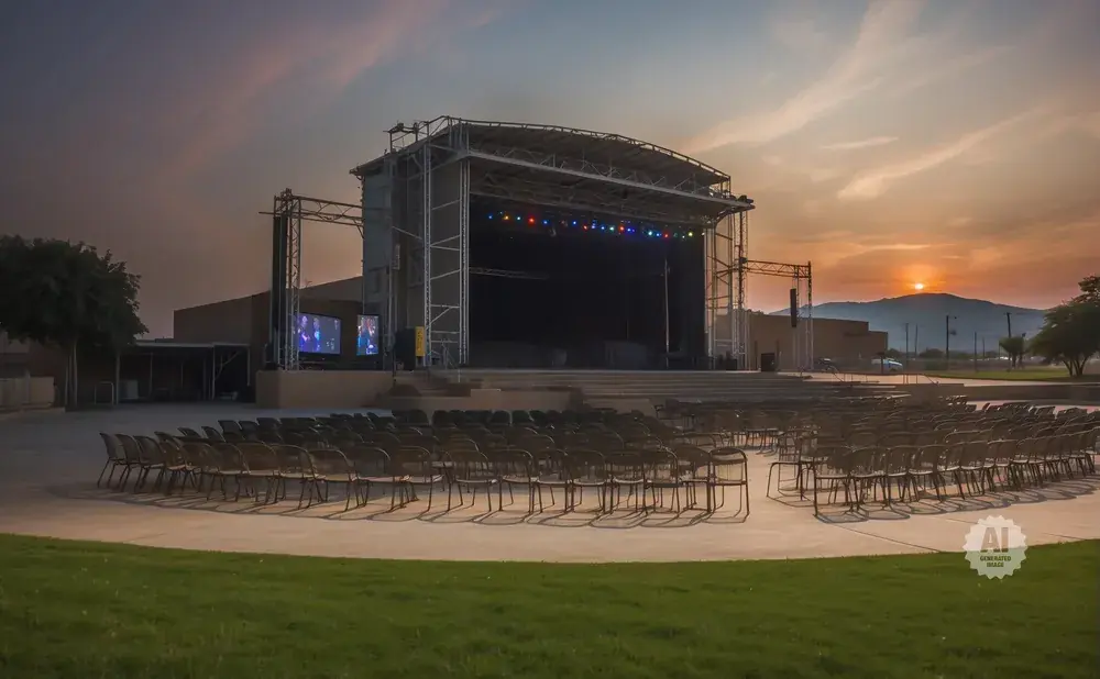 An outdoor concert stage at sunset with rows of empty chairs in front of it.