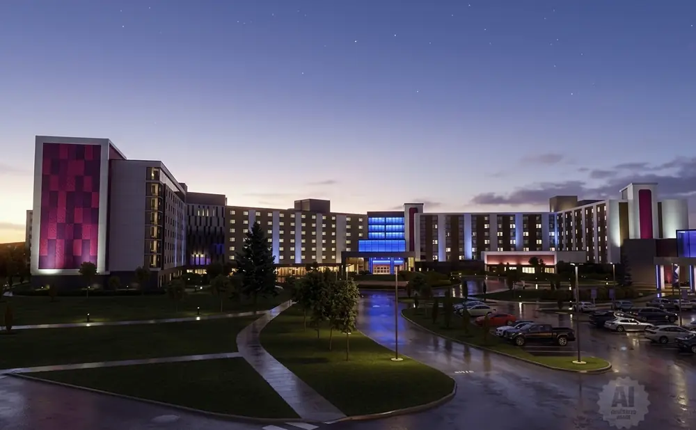 A modern hotel at dusk with purple and blue lighting on its facade.