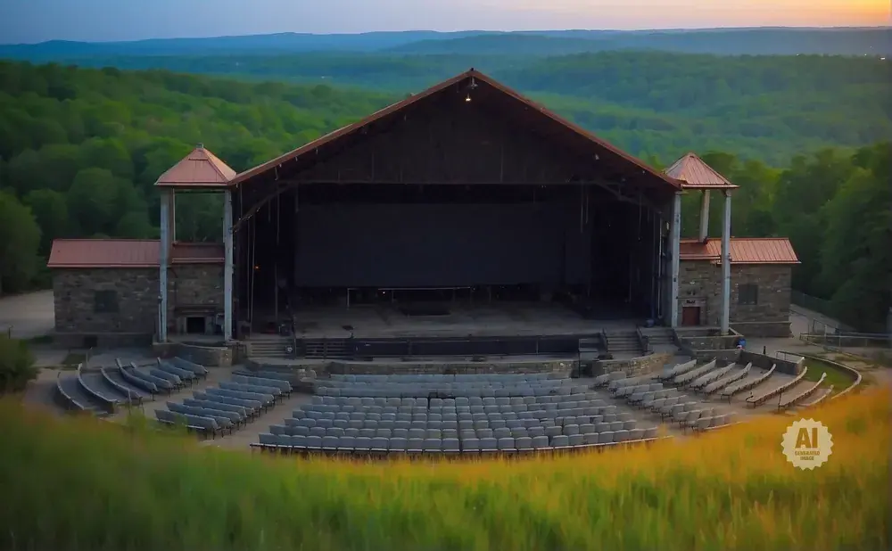 Outdoor amphitheater with a covered stage, stone buildings, and tiered seating, set against a backdrop of green hills at dusk.