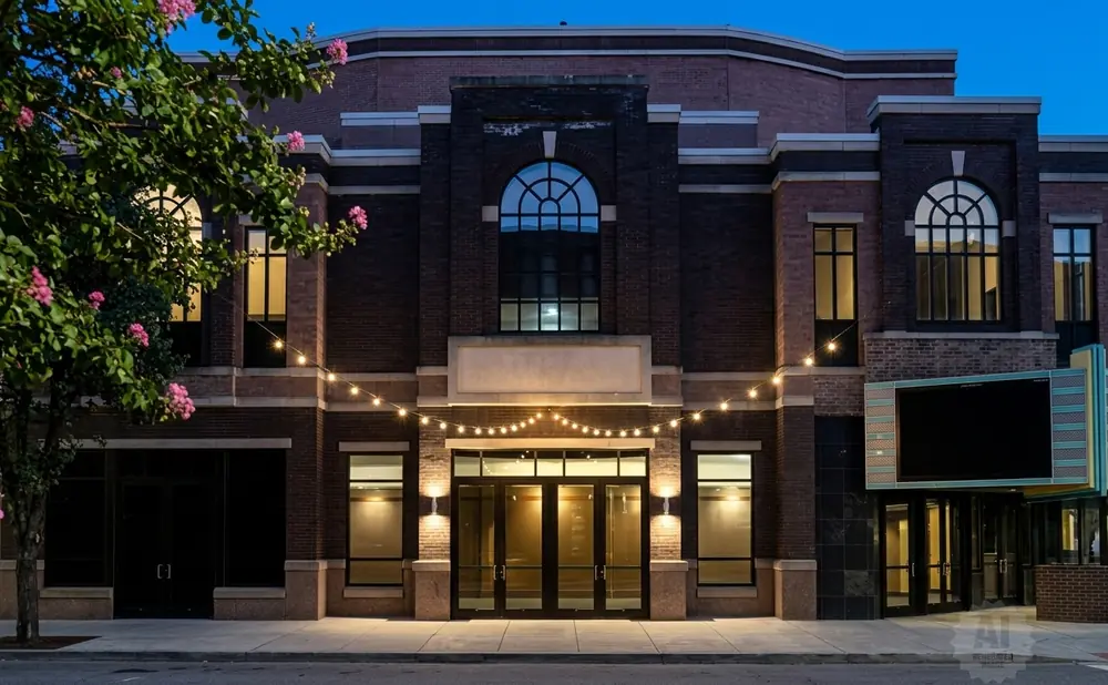 Exterior of a dark brick building with arched windows, string lights, and a marquee at dusk.