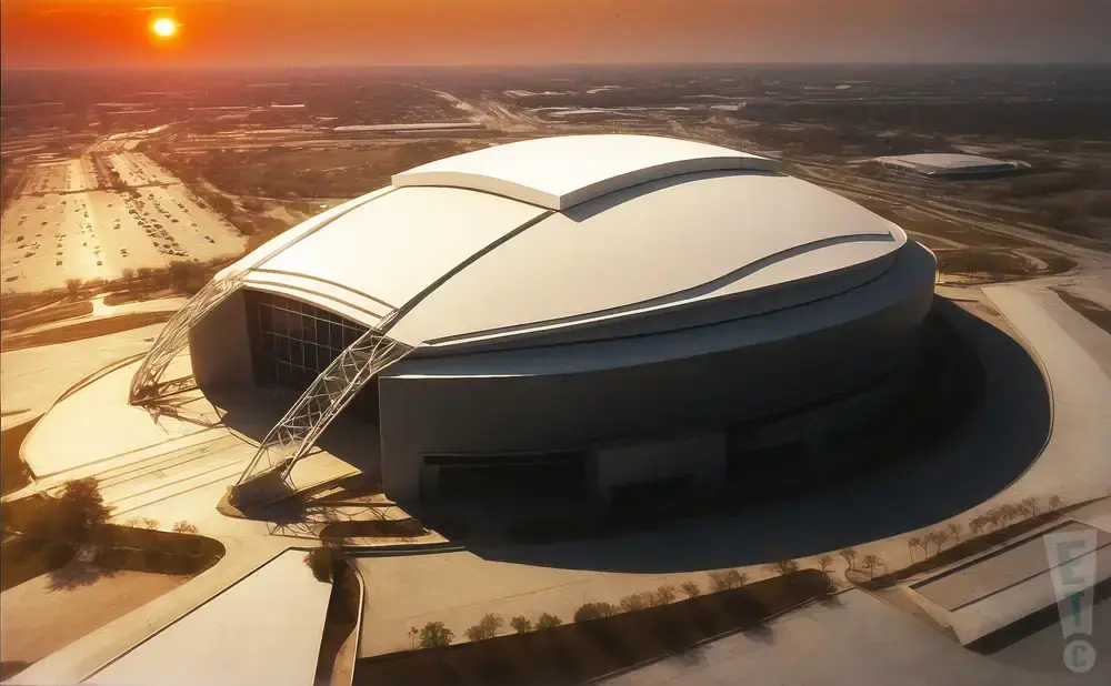 Aerial view of a modern domed stadium at sunset, with a sunlit parking lot and surrounding landscape.