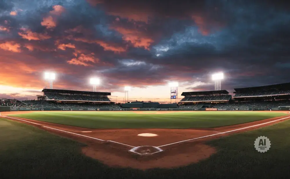 A baseball stadium at sunset with dramatic clouds and bright lights.