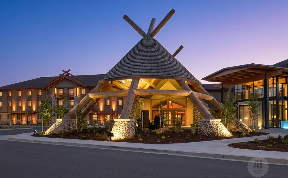 Log cabin-style hotel with a teepee-shaped entrance under a twilight sky.