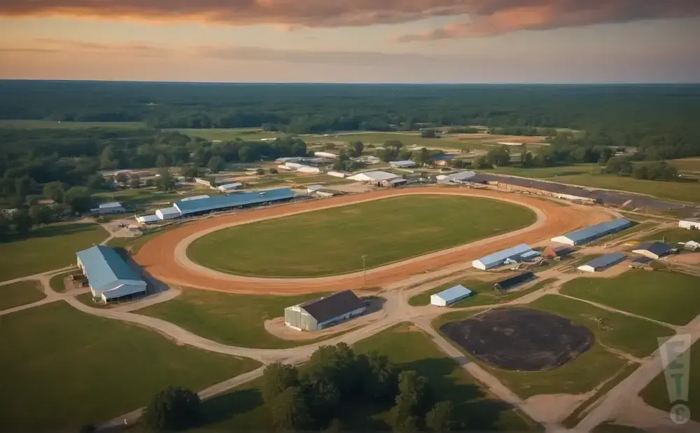Aerial view of a horse racing track with surrounding buildings and trees at sunset.