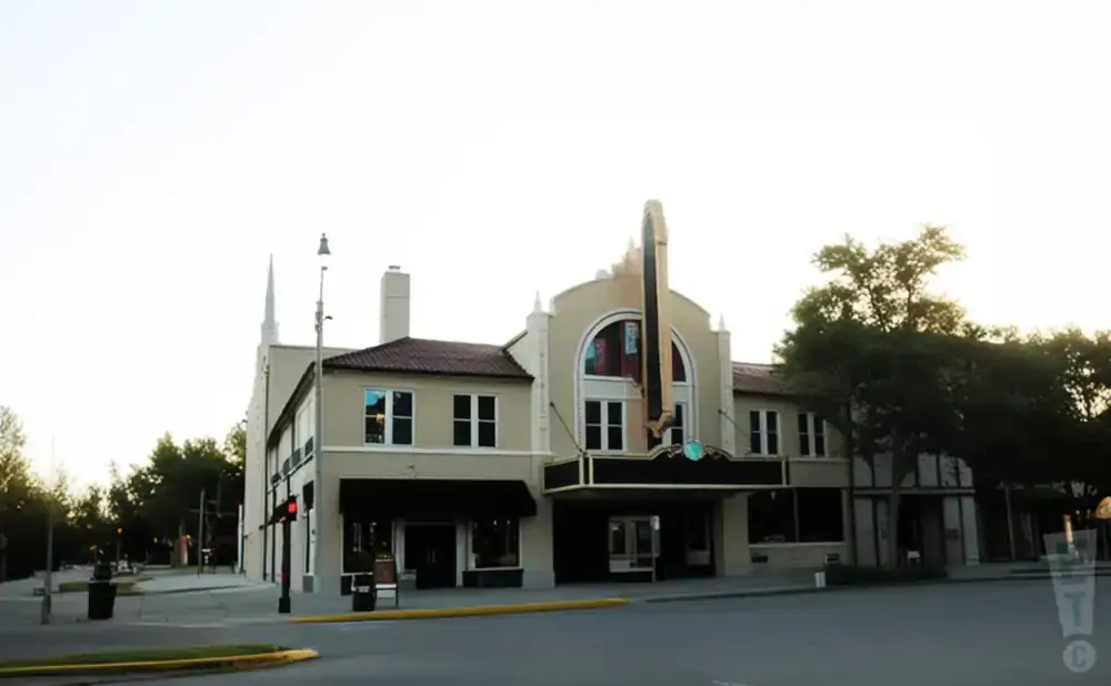 A historic theater with a grand marquee and arched windows, flanked by other buildings and trees.