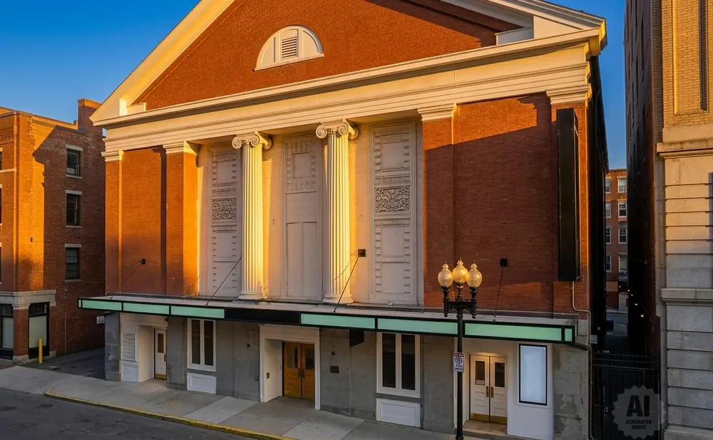 Golden hour light illuminates a historic brick building with white columns and decorative facades.