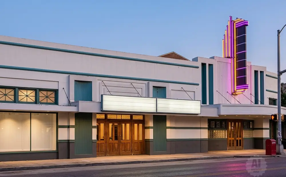 Art deco theater at dusk with neon marquee and purple and yellow lights.