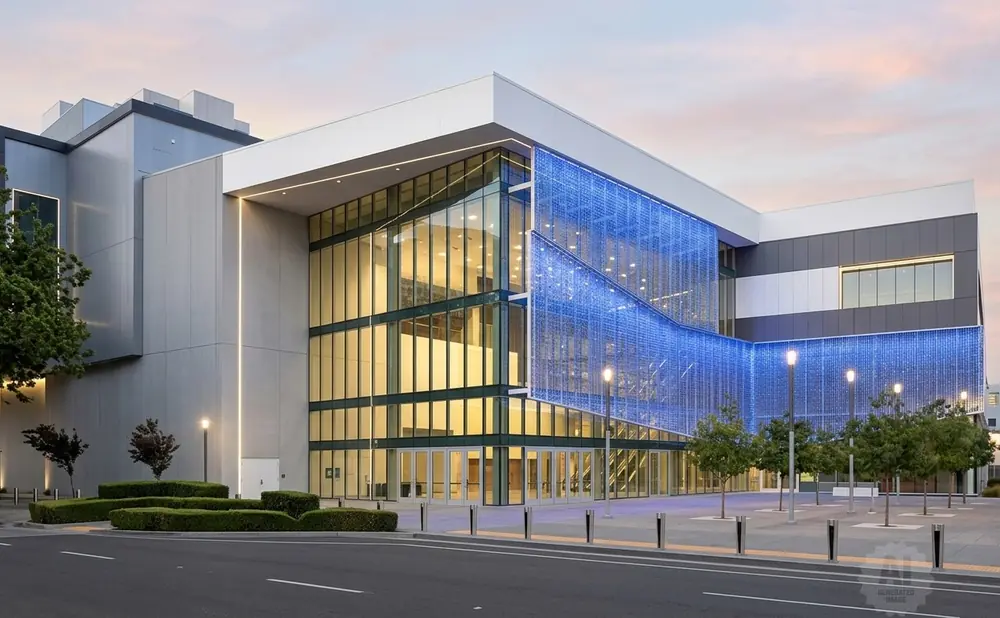 Modern building with blue illuminated facade and large glass windows, at dusk.