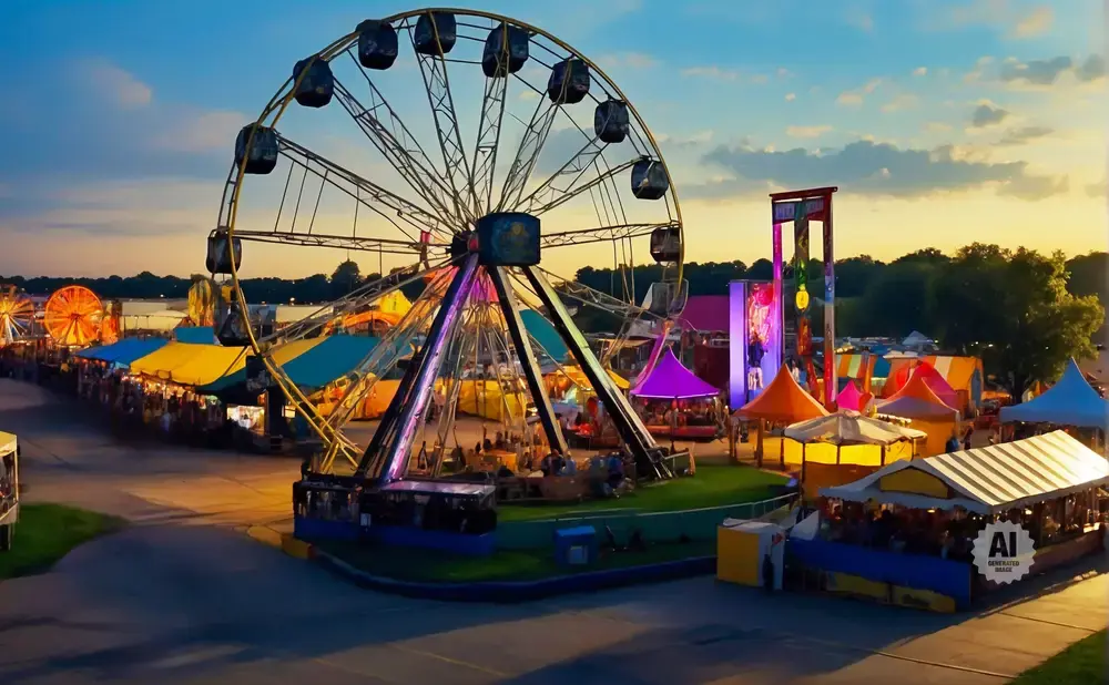 An aerial view of a carnival at dusk, with a large Ferris wheel and colorful tents.