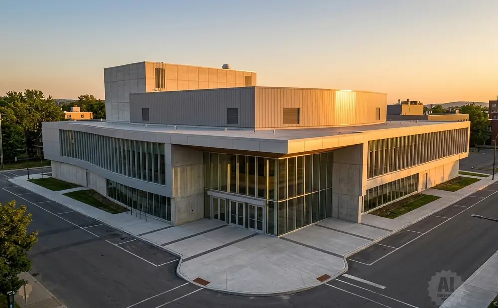 Modern concrete and glass building with large windows, illuminated by the setting sun.