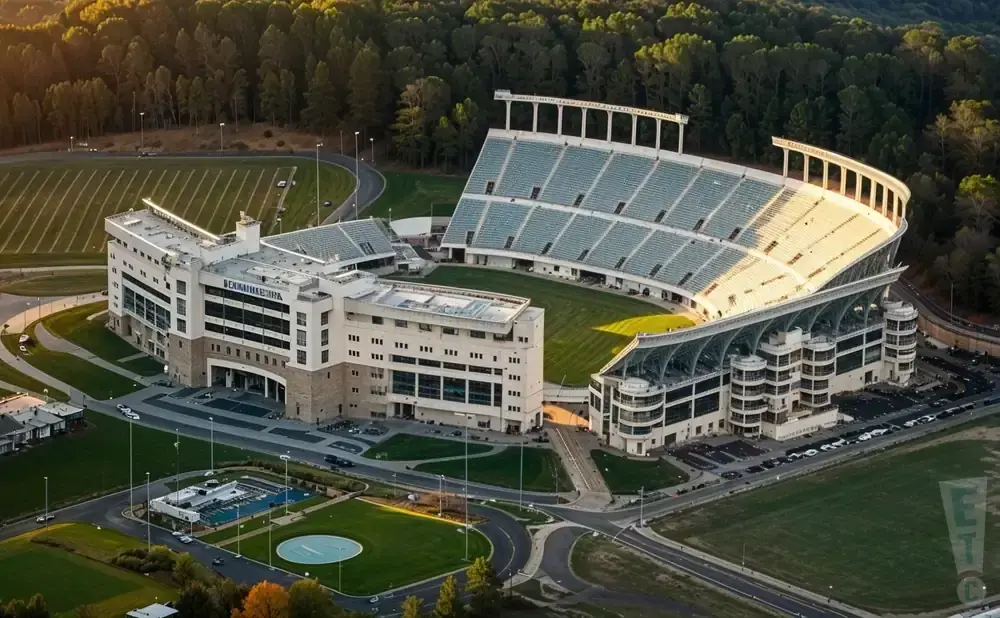 Aerial view of a modern stadium with lush green fields and trees, bathed in golden sunlight.