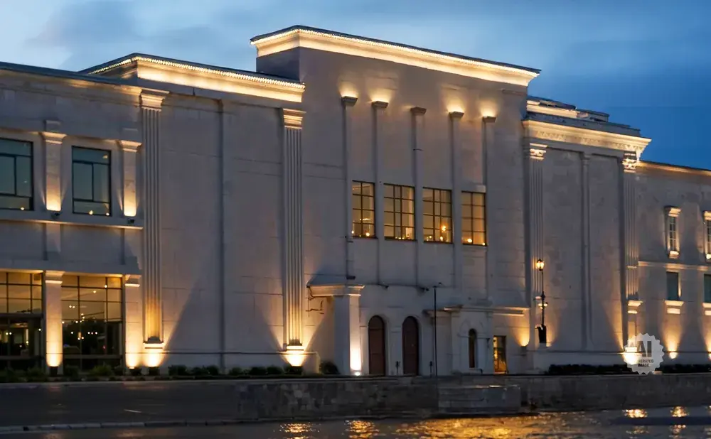 A grand, modern building with classical architectural elements is illuminated by warm lights at dusk.