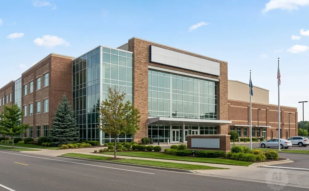 Modern brick and glass office building with trees, flags, and parked cars.