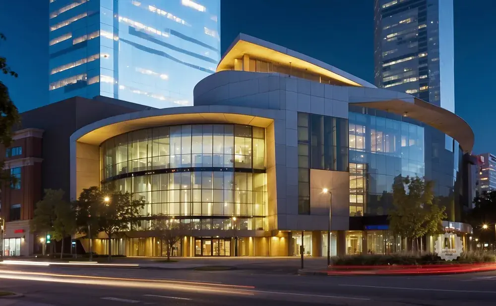 A modern glass building with illuminated windows at night, with light trails from traffic in the foreground.