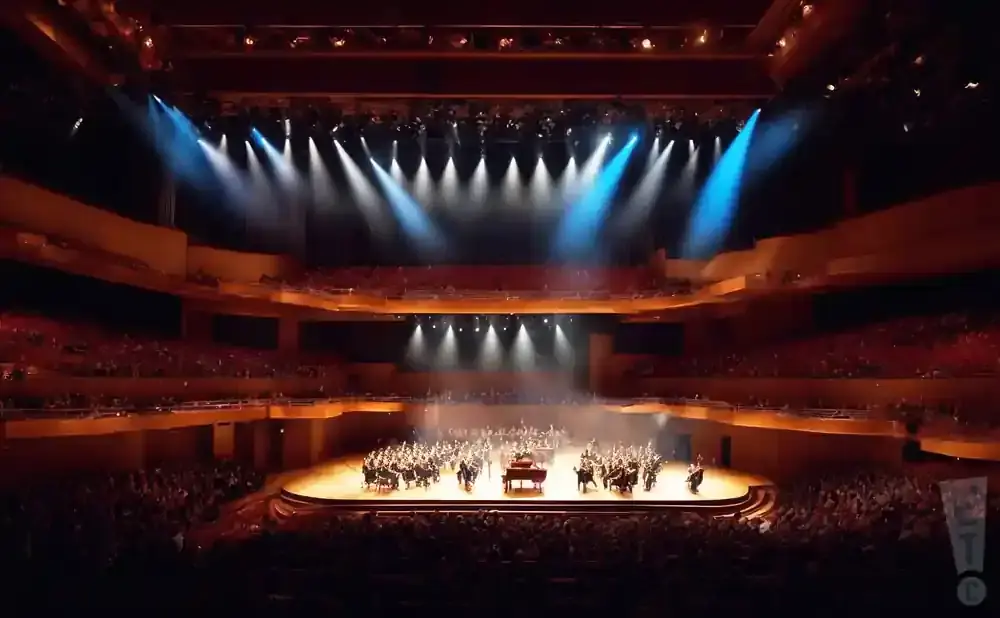An orchestra performs on a brightly lit stage in a grand concert hall with tiered seating.