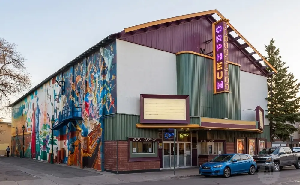 Orpheum theater with a large mural on its side and a neon sign.