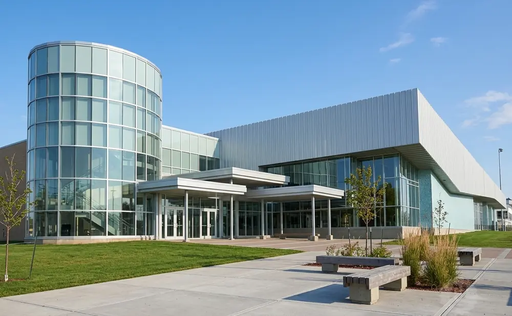 Modern glass and metal building with a curved entrance under a clear blue sky.