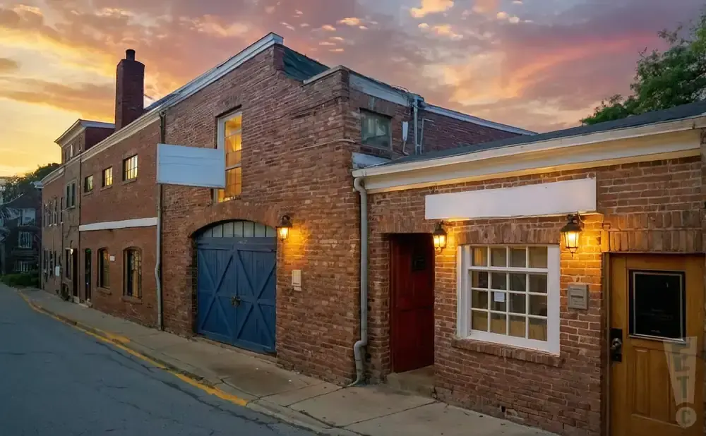 Brick building with a blue garage door and warm lighting on a street at sunset.