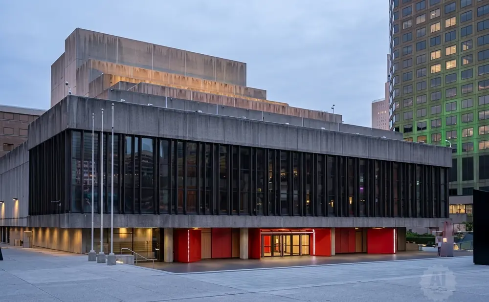 A modern concrete building with glass windows and red accents, set against a cloudy sky.