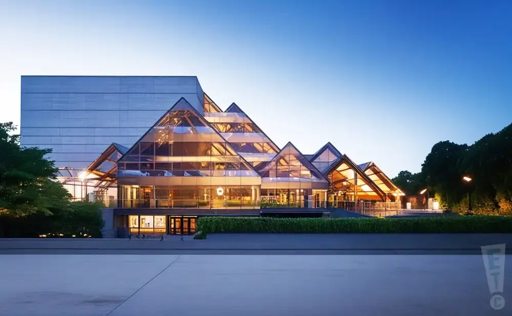 A modern building with a glass, pyramid-shaped roof at dusk.