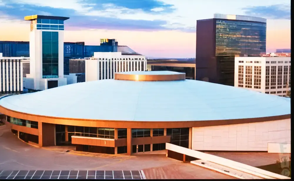 Modern domed building with surrounding skyscrapers under a sunset sky.