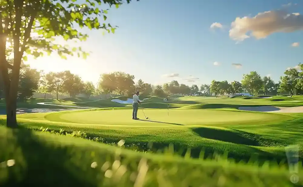 Golfer on a green putting with a flag, bright sunlit golf course with trees and sand traps.