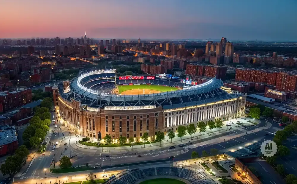 Aerial view of Yankee Stadium at dusk with surrounding city skyline.