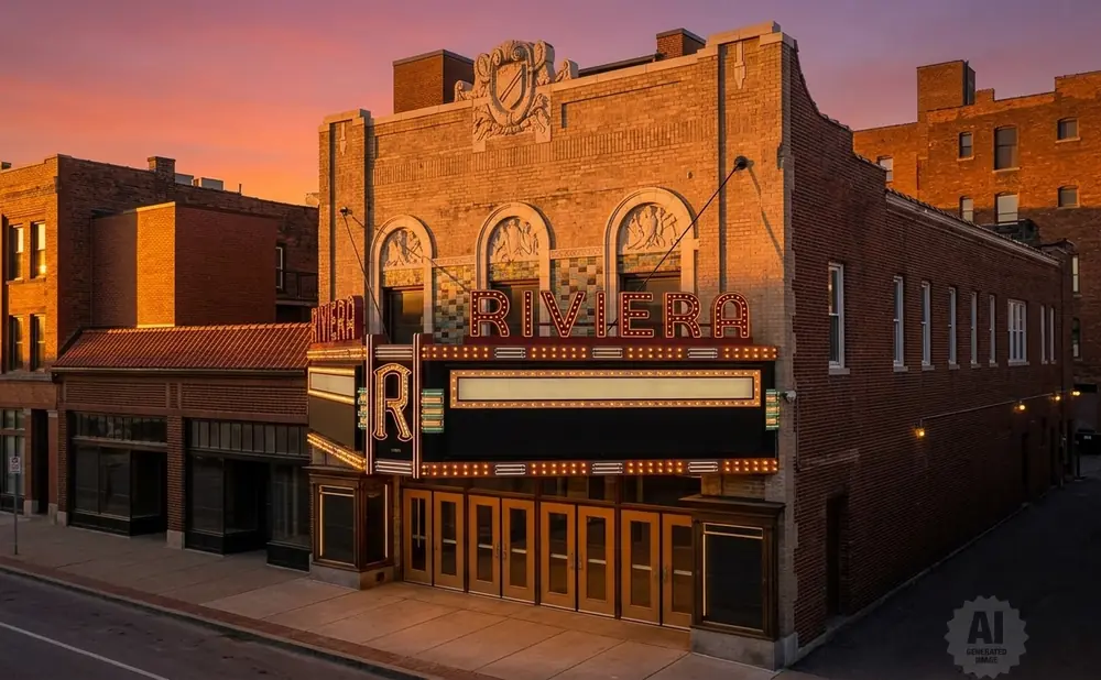 The Riviera theater, a historic brick building, is illuminated by a sunset glow, with its marquee lights lit.