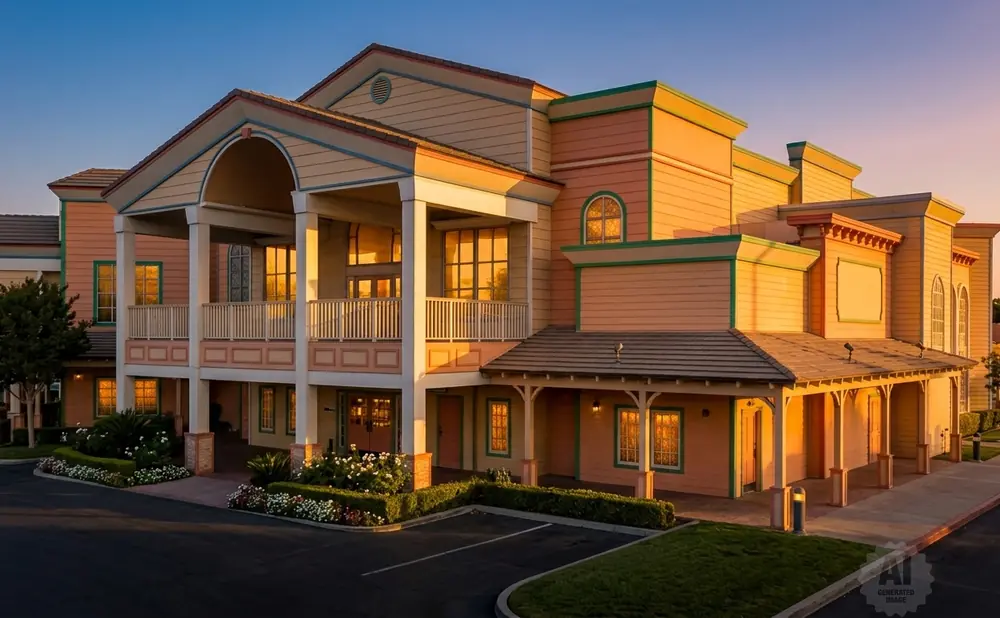 Sunset illuminates a colorful, multi-story building with balconies and decorative trim.