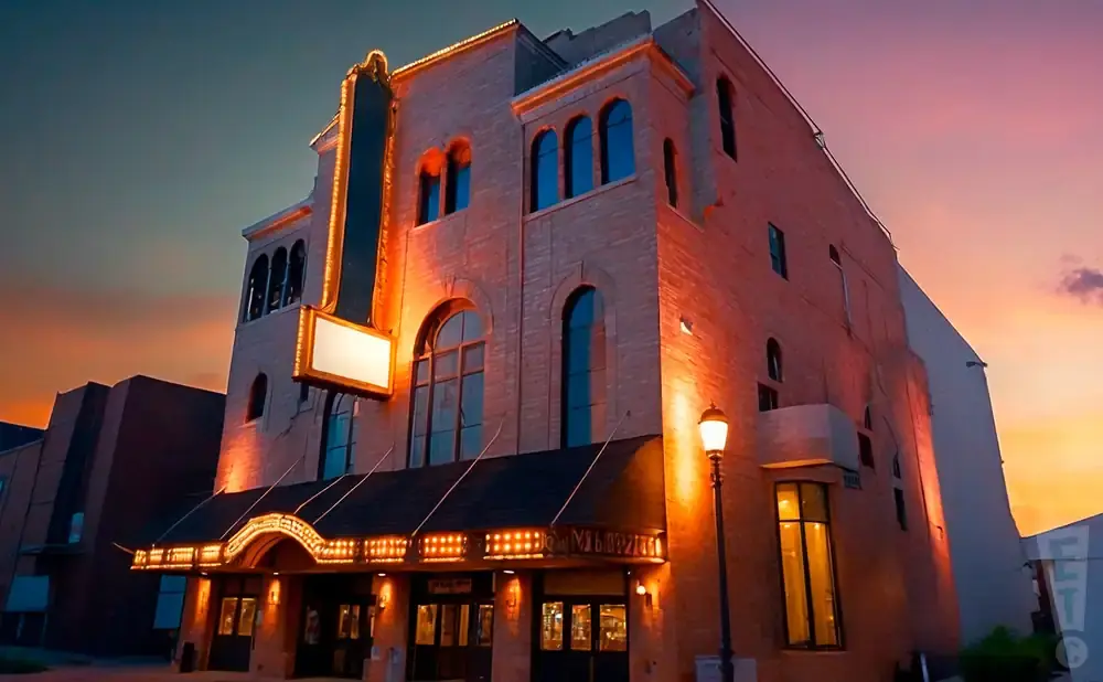 Marquee lights illuminate a historic theater at dusk with a vibrant orange and purple sky.